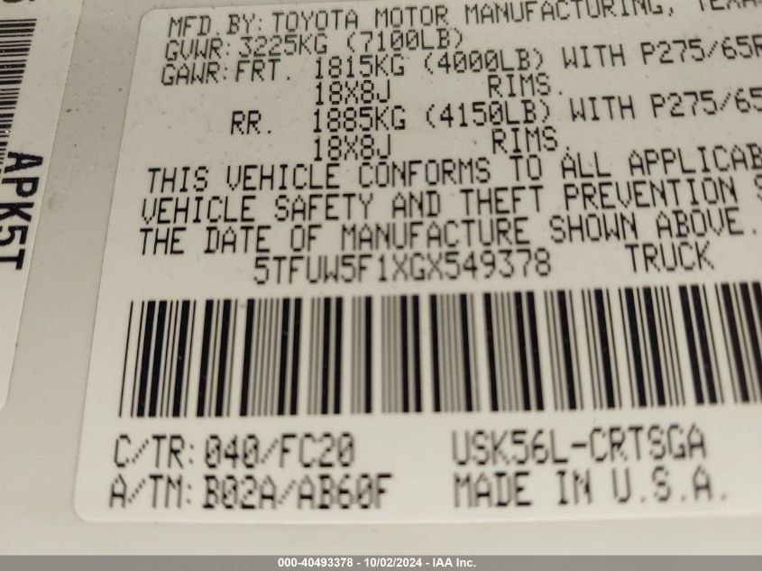 5TFUW5F1XGX549378 2016 Toyota Tundra Sr5 5.7L V8