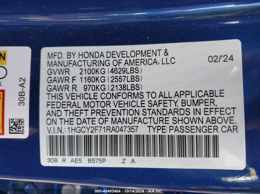 2024 HONDA ACCORD HYBRID SPORT-L VIN: 1HGCY2F71RA047357