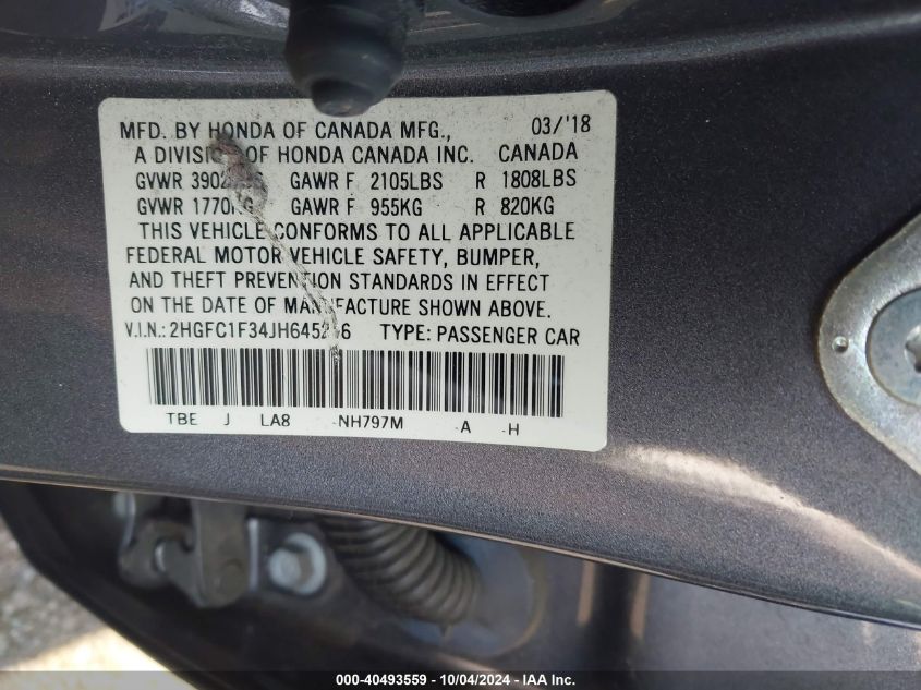 2HGFC1F34JH645256 2018 Honda Civic Ex-T