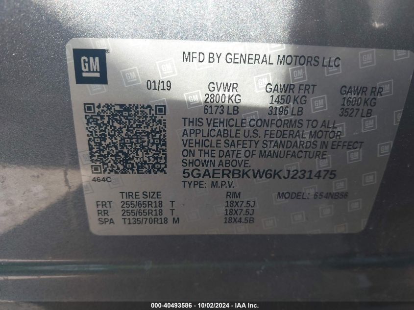 5GAERBKW6KJ231475 2019 Buick Enclave Fwd Essence