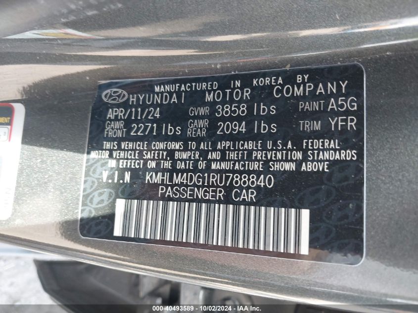 2024 Hyundai Elantra Sel VIN: KMHLM4DG1RU788840 Lot: 40493589