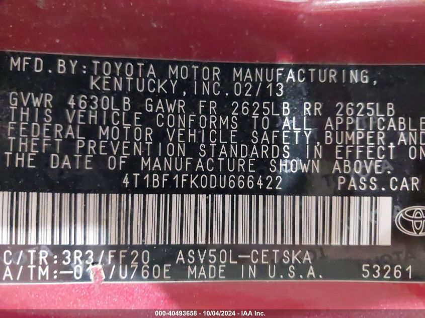 4T1BF1FK0DU666422 2013 Toyota Camry Se