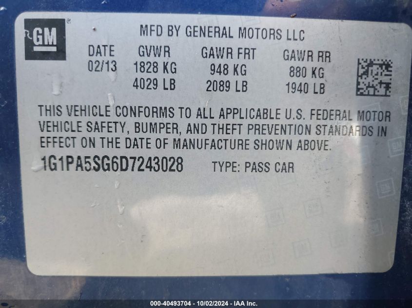 1G1PA5SG6D7243028 2013 Chevrolet Cruze Ls Auto