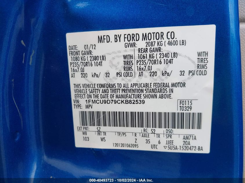 1FMCU9D79CKB82539 2012 Ford Escape Xlt