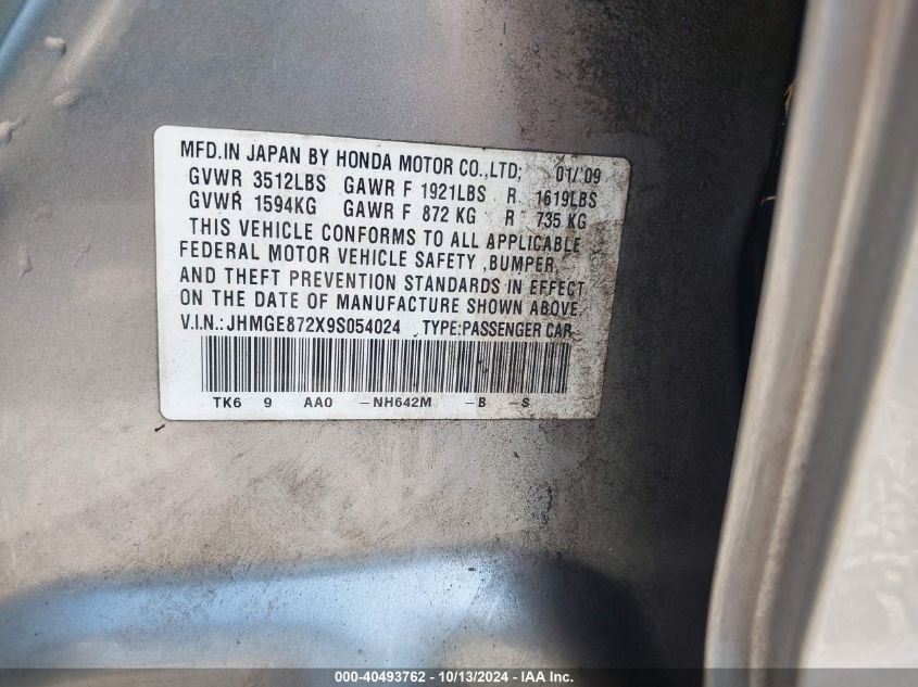 2009 Honda Fit VIN: JHMGE872X9S054024 Lot: 40493762