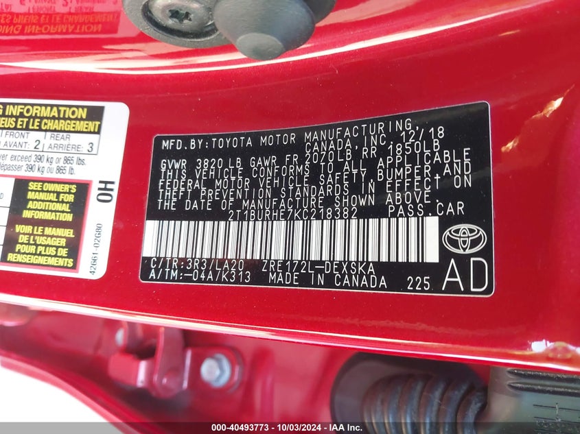 VIN 2T1BURHE7KC218382 2019 TOYOTA COROLLA XSE