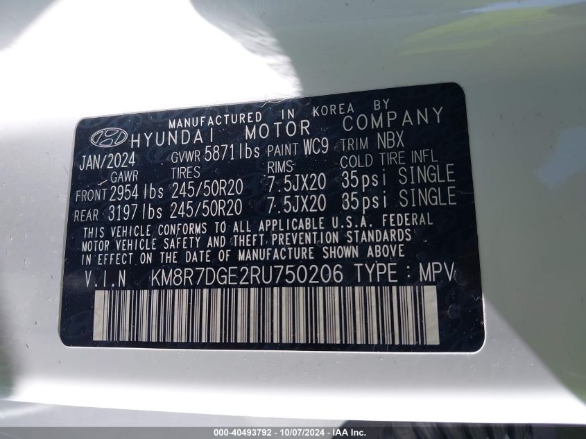 2024 Hyundai Palisade Calligraphy VIN: KM8R7DGE2RU750206 Lot: 40493792