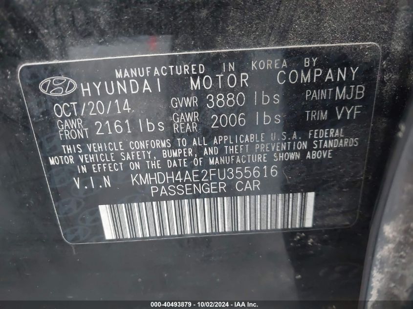 2015 Hyundai Elantra Se (Ulsan Plant) VIN: KMHDH4AE2FU355616 Lot: 40493879