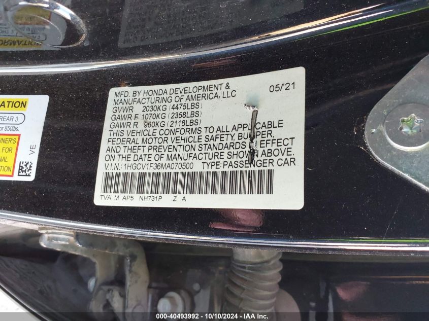 1HGCV1F36MA070500 2021 Honda Accord Sport