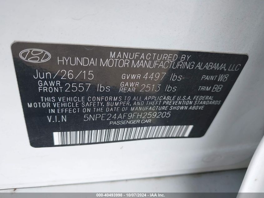 5NPE24AF9FH259205 2015 Hyundai Sonata Se