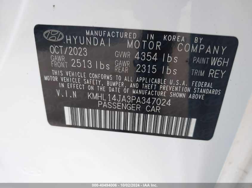 2023 Hyundai Sonata Sel VIN: KMHL14JA3PA347024 Lot: 40494006