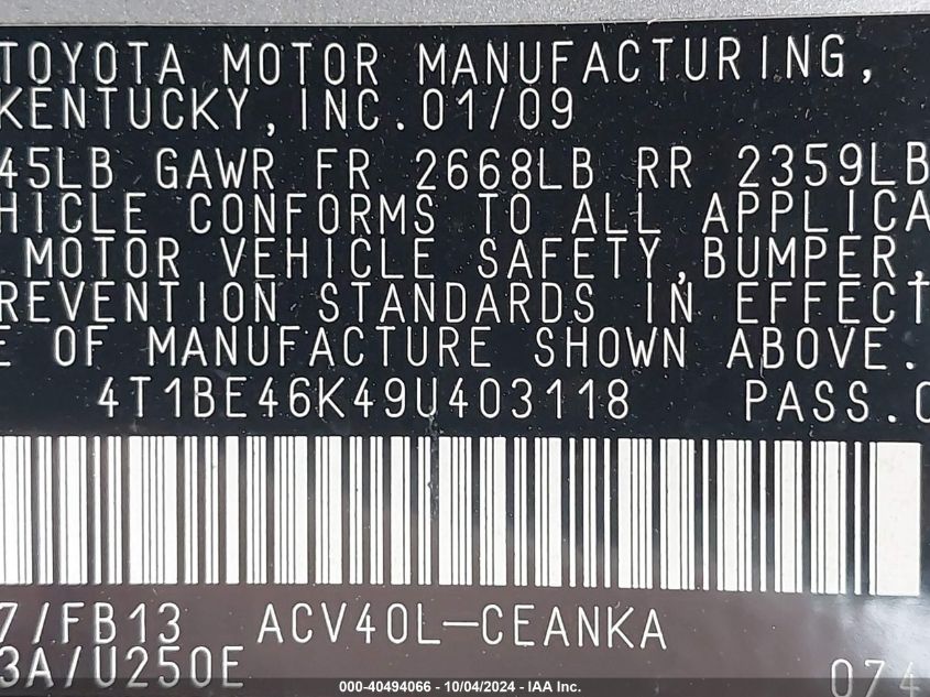 4T1BE46K49U403118 2009 Toyota Camry Le