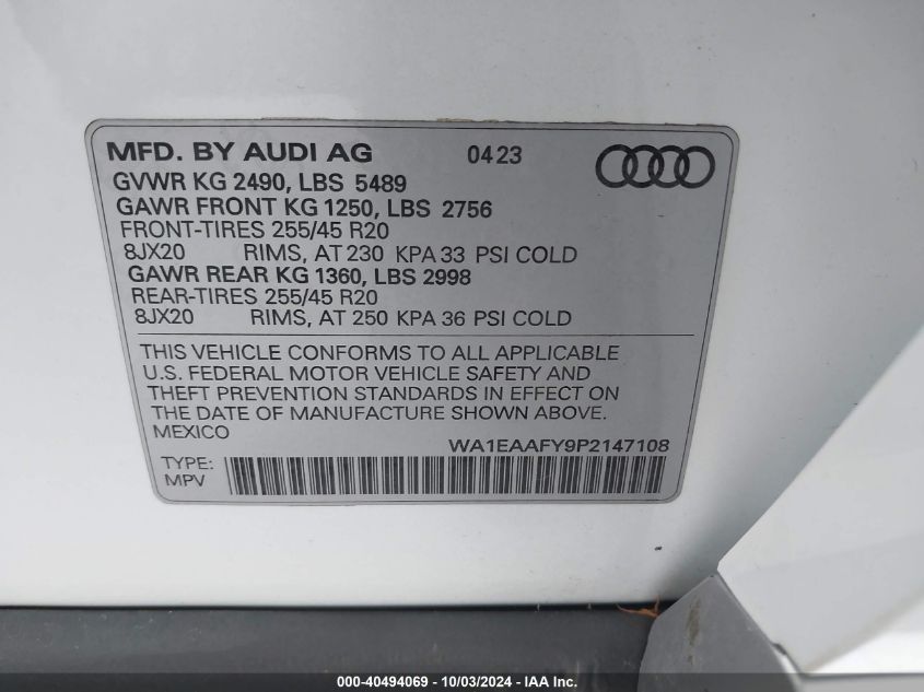 2023 Audi Q5 Premium Plus 45 Tfsi S Line Quattro VIN: WA1EAAFY9P2147108 Lot: 40494069