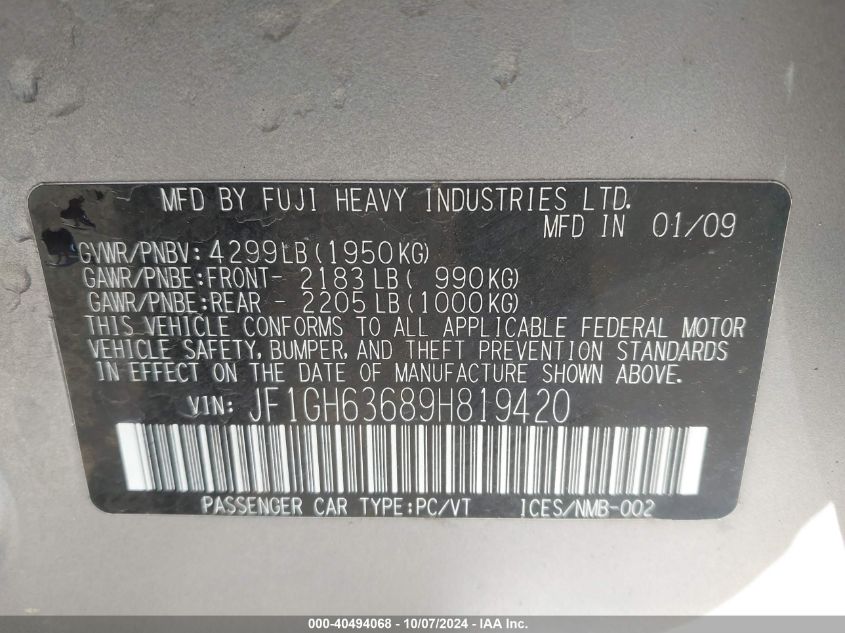 JF1GH63689H819420 2009 Subaru Impreza Outback Sport