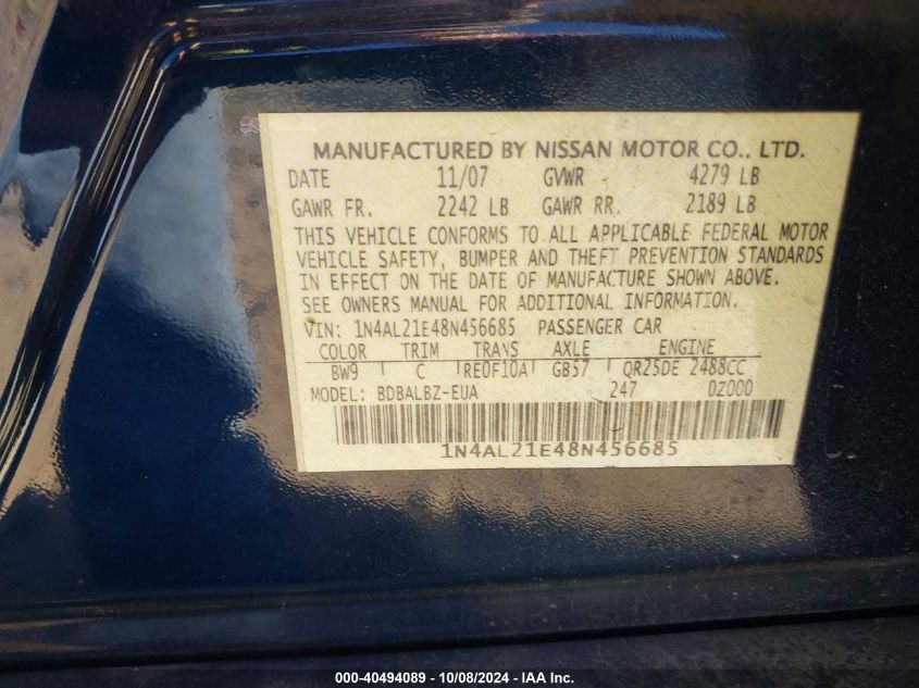 1N4AL21E48N456685 2008 Nissan Altima 2.5 S