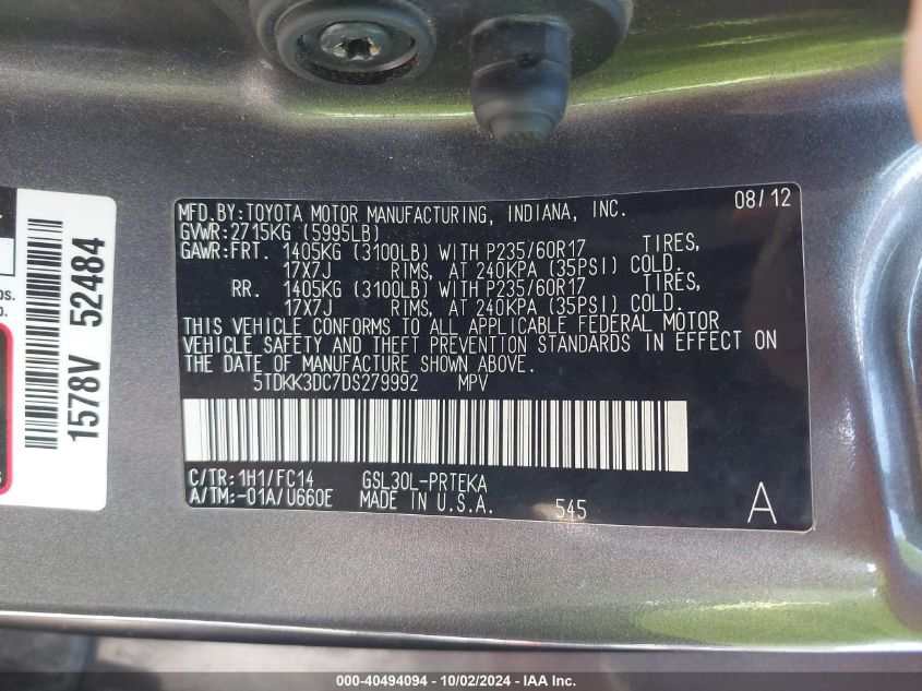 5TDKK3DC7DS279992 2013 Toyota Sienna Le V6 8 Passenger