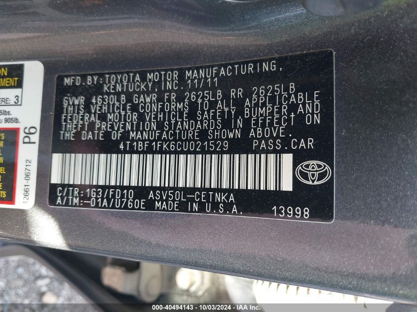 4T1BF1FK6CU021529 2012 Toyota Camry Le