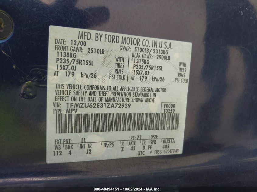 1FMZU62E31ZA72939 2001 Ford Explorer Xls