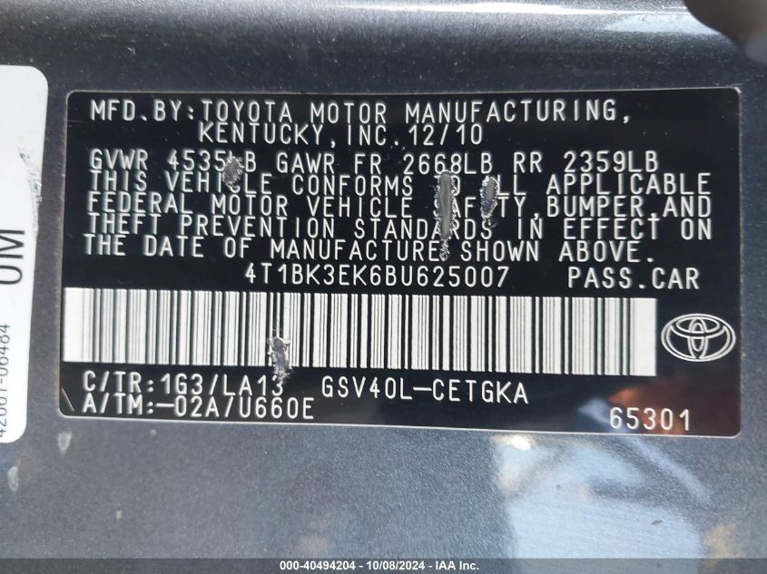 4T1BK3EK6BU625007 2011 Toyota Camry Xle V6