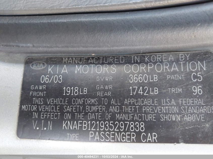 KNAFB121935297838 2003 Kia Spectra Ls