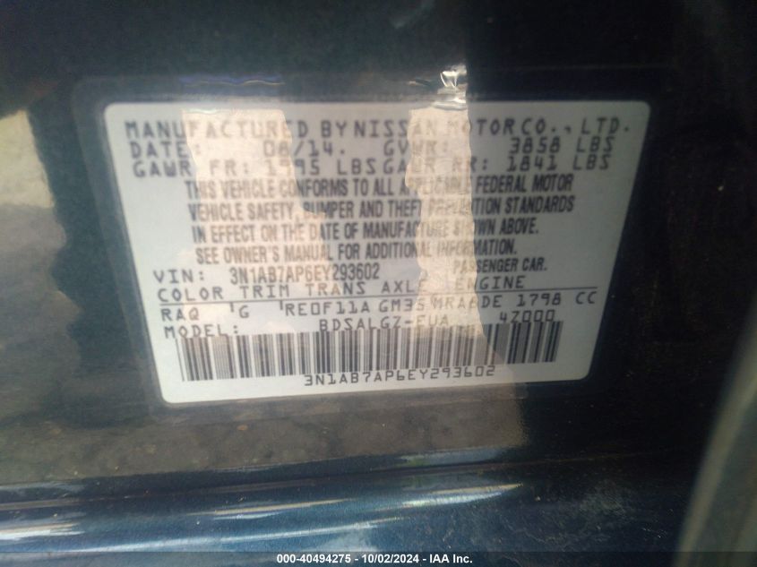 3N1AB7AP6EY293602 2014 Nissan Sentra Sl