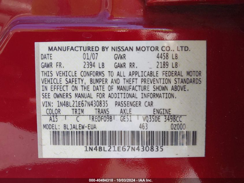 1N4BL21E67N430835 2007 Nissan Altima 3.5 Sl