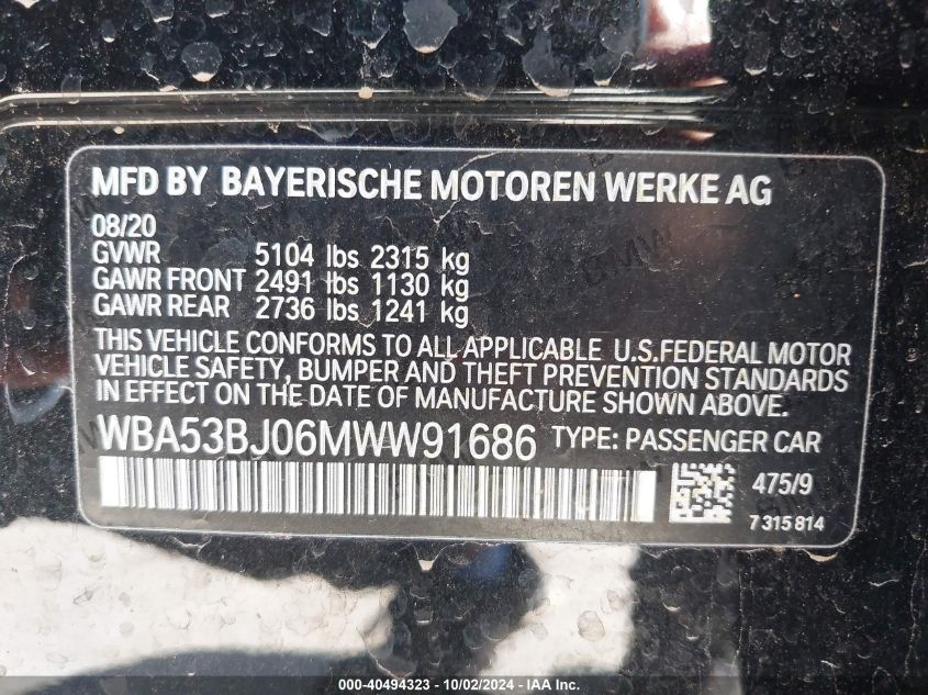 WBA53BJ06MWW91686 2021 BMW 540I