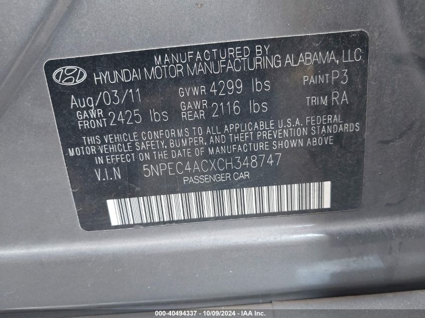 5NPEC4ACXCH348747 2012 Hyundai Sonata Se