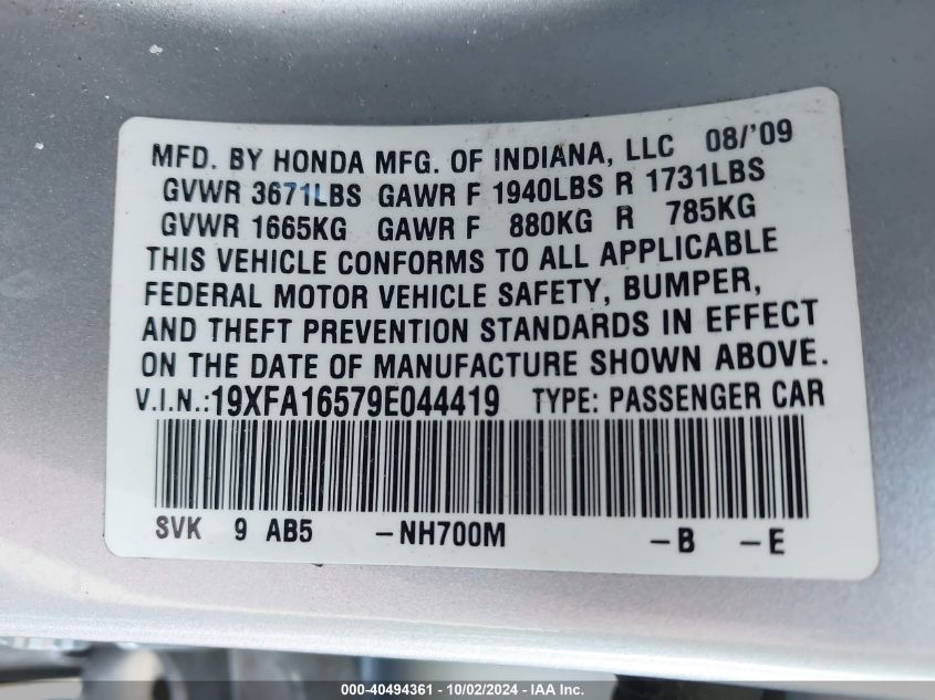 19XFA16579E044419 2009 Honda Civic Lx