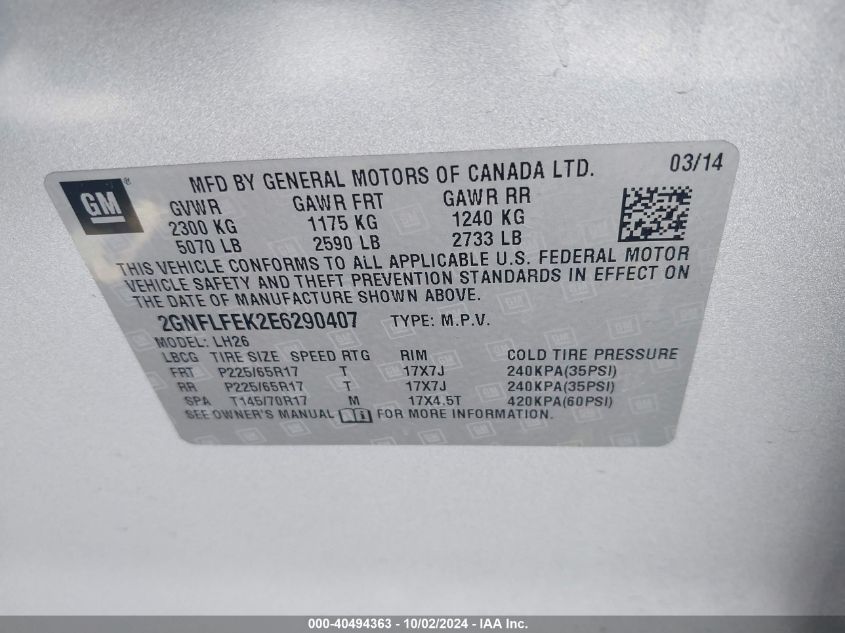 2GNFLFEK2E6290407 2014 Chevrolet Equinox 1Lt