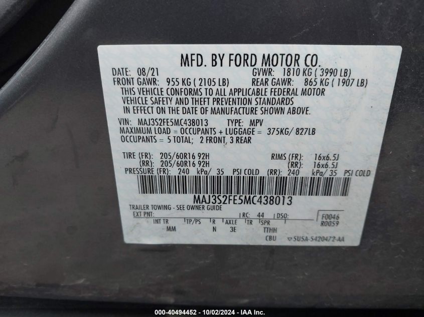 2021 Ford Ecosport S VIN: MAJ3S2FE5MC438013 Lot: 40494452