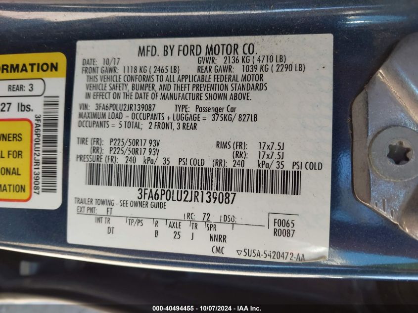 2018 Ford Fusion Hybrid Se VIN: 3FA6P0LU2JR139087 Lot: 40494455