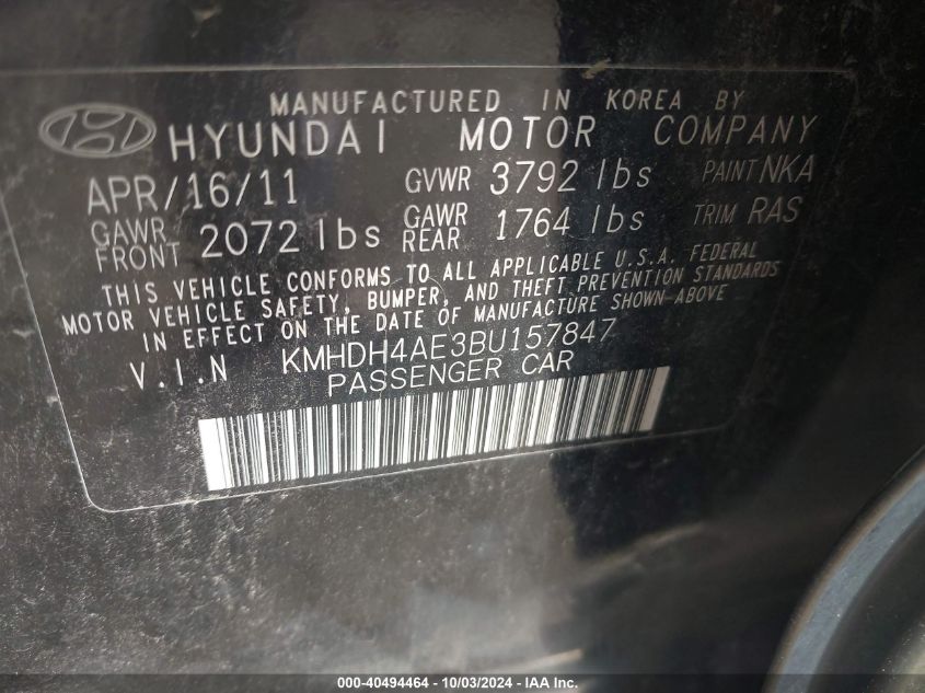 2011 Hyundai Elantra Gls (Ulsan Plant) VIN: KMHDH4AE3BU157847 Lot: 40494464