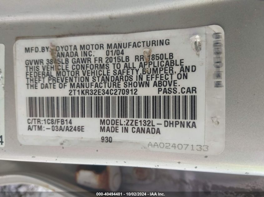 2T1KR32E34C270912 2004 Toyota Matrix Xr