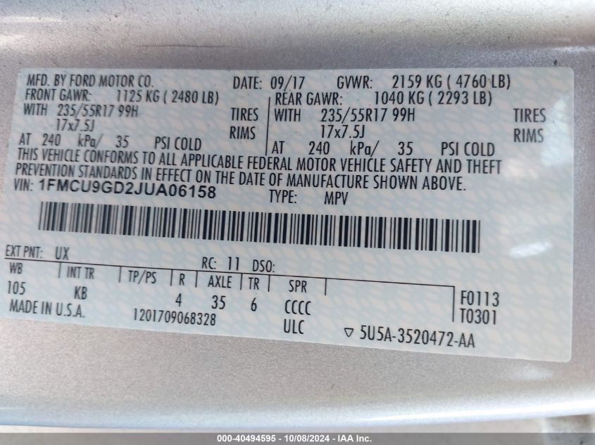 1FMCU9GD2JUA06158 2018 Ford Escape Se