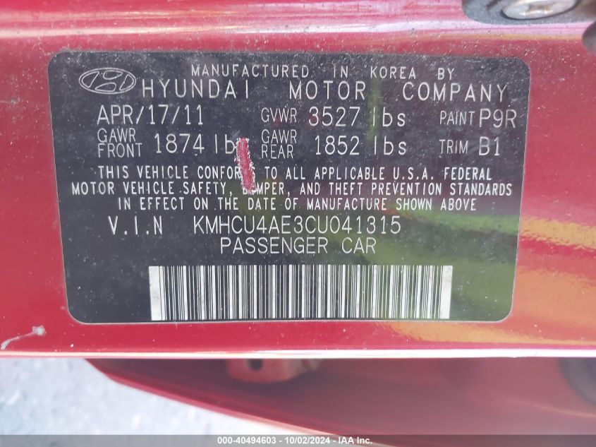 KMHCU4AE3CU041315 2012 Hyundai Accent Gls