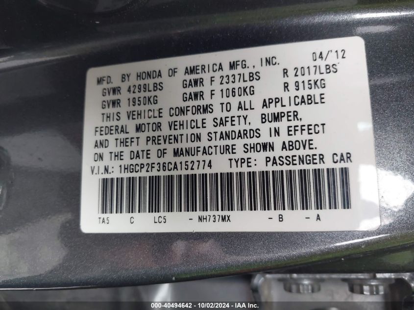 1HGCP2F36CA152774 2012 Honda Accord 2.4 Lx