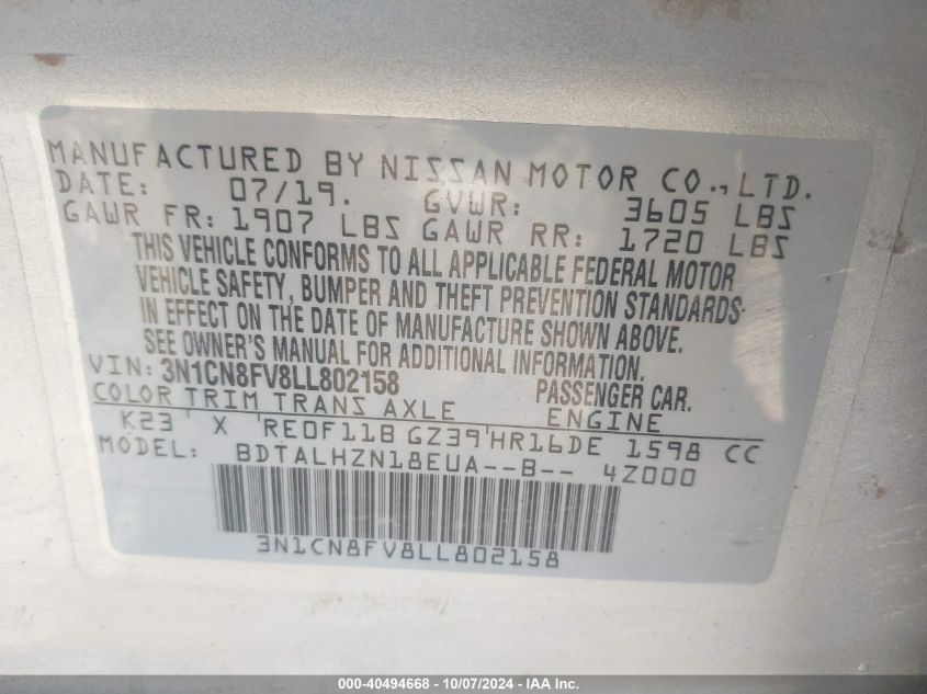 2020 Nissan Versa Sr Xtronic Cvt VIN: 3N1CN8FV8LL802158 Lot: 40494668