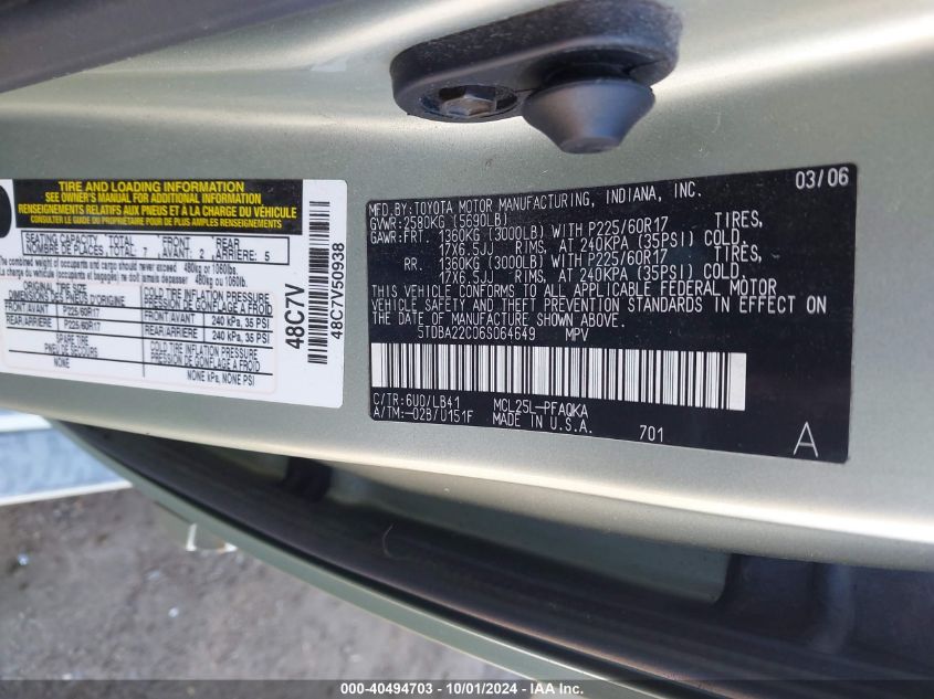 5TDBA22C06S064649 2006 Toyota Sienna Xle Limited