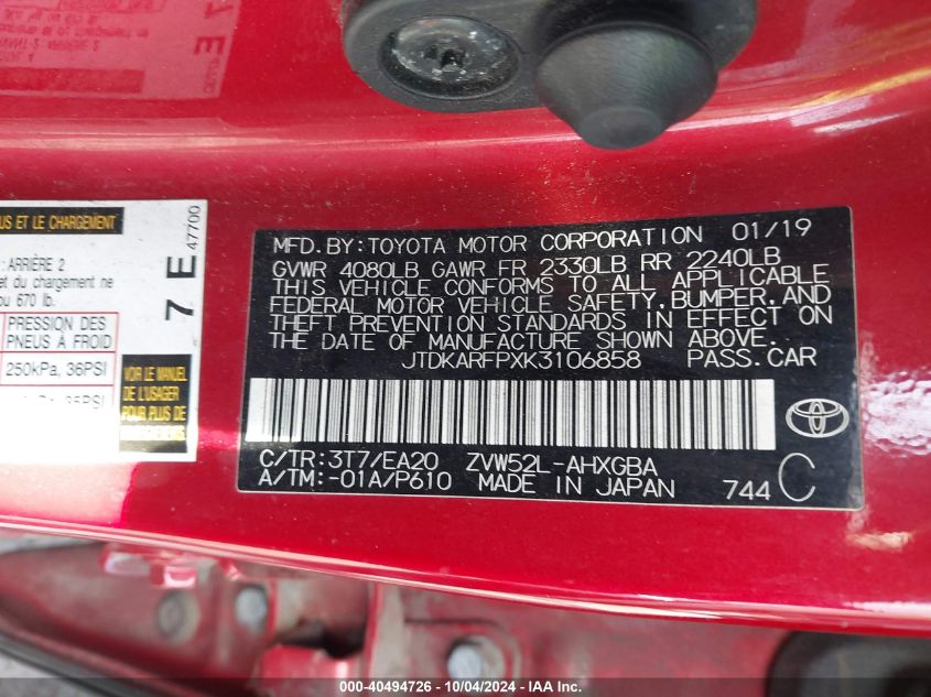 JTDKARFPXK3106858 2019 Toyota Prius Prime Premium