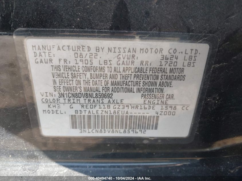 3N1CN8DV8NL859692 2022 Nissan Versa 1.6 S Xtronic Cvt