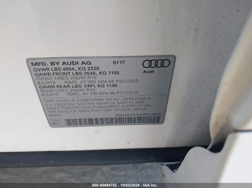 WA1GCCFS3HR014699 2017 Audi Q3 2.0T Premium