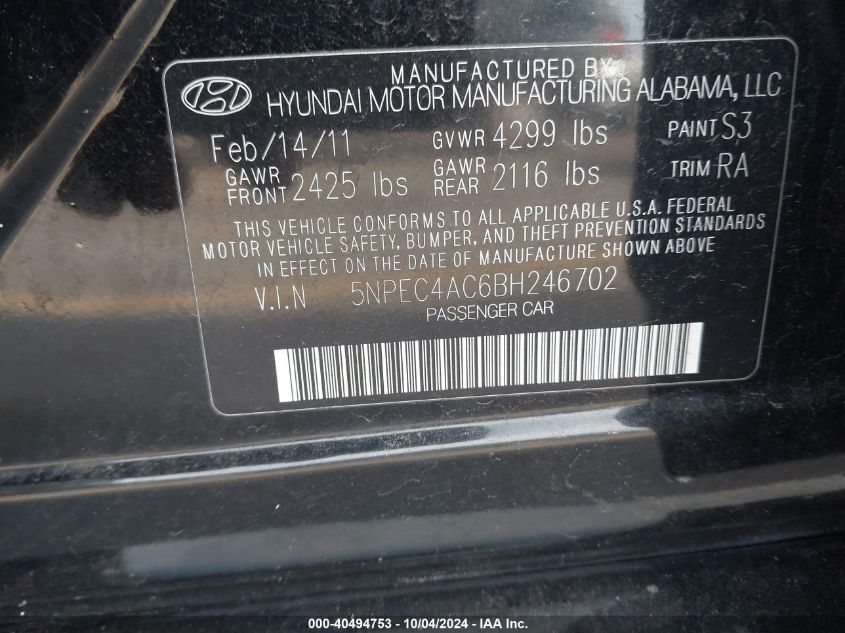 5NPEC4AC6BH246702 2011 Hyundai Sonata Limited