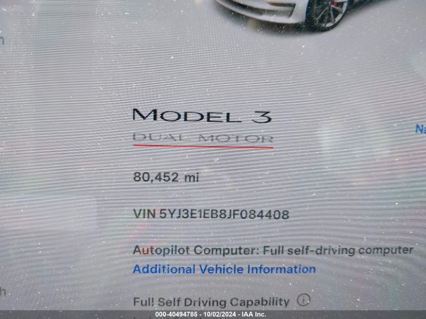 5YJ3E1EB8JF084408 2018 Tesla Model 3 Long Range/Performance