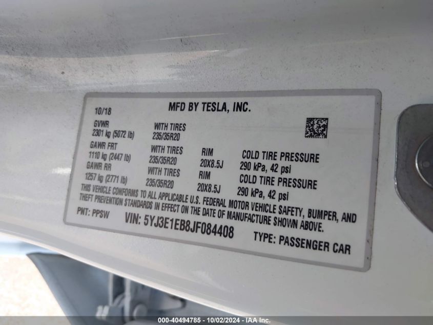 5YJ3E1EB8JF084408 2018 Tesla Model 3 Long Range/Performance