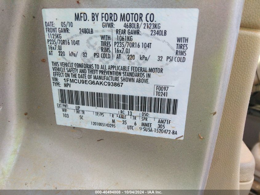 1FMCU9EG6AKC93867 2010 Ford Escape Limited