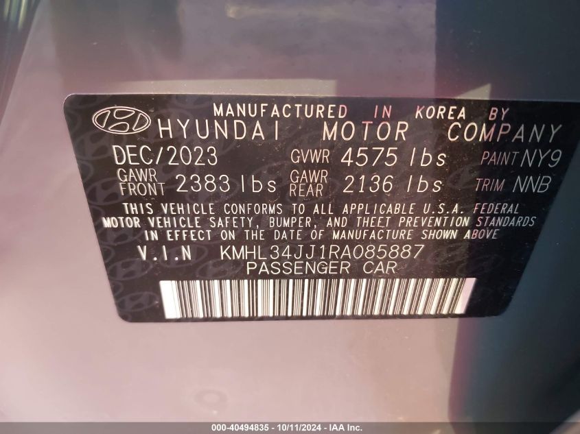 2024 Hyundai Sonata Hybrid Sel VIN: KMHL34JJ1RA085887 Lot: 40494835