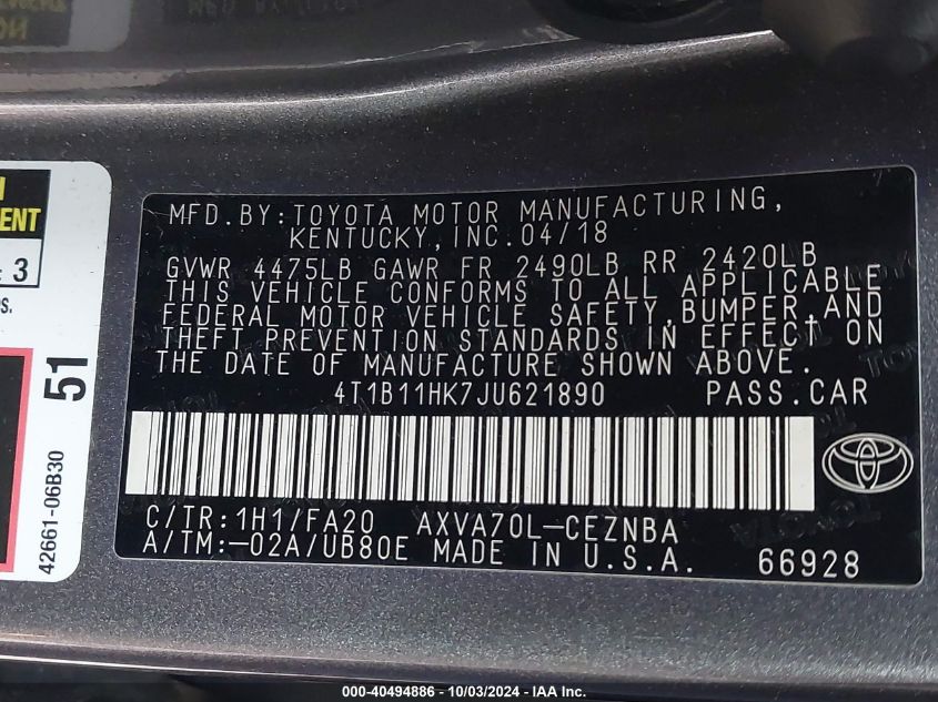 4T1B11HK7JU621890 2018 Toyota Camry Le