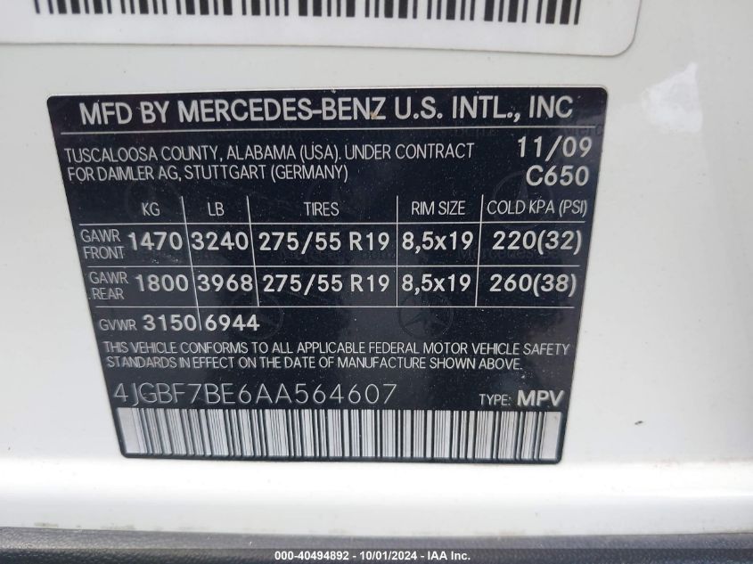 4JGBF7BE6AA564607 2010 Mercedes-Benz Gl 450 4Matic