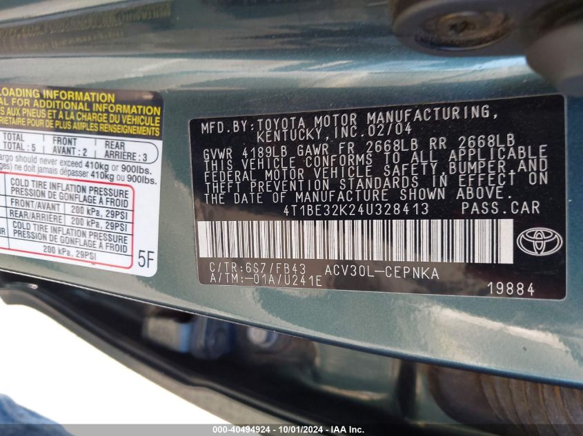 4T1BE32K24U328413 2004 Toyota Camry Le